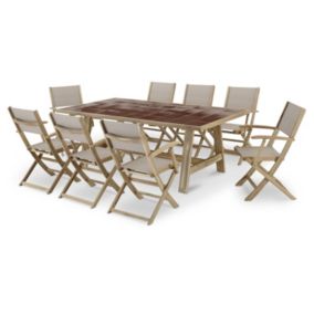 Set de repas jardin table céramique terre cuite 205x105 et 8 chaises textiles beiges - Bisbal