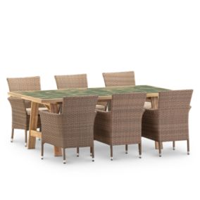 Set de repas jardin table céramique verte 200x100 + 6 chaises empilables rotin synthétique avec coussin Bolonia - Bisbal & Bolonia