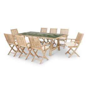 Set de repas jardin table céramique verte 200x100 + 8 chaises avec accoudoirs avec coussins - Bisbal