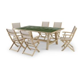 Set de repas jardin table céramique verte 205x105 + 6 chaises bois et textile beige - Bisbal