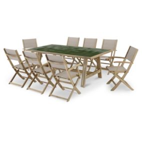 Set de repas jardin table céramique verte 205x105 + 8 chaises bois et textile beige - Bisbal