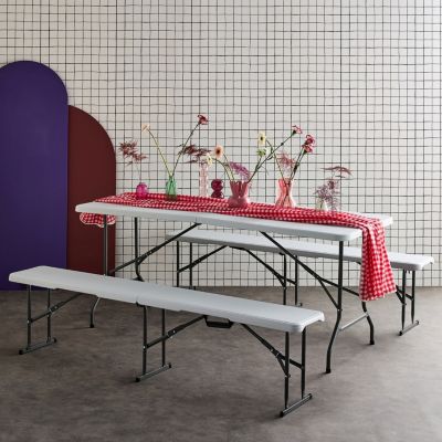 AREBOS Set Table Tente à Bière 3 Pièces - Table + 2 Bancs Pliables Blanc