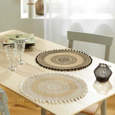 Set de table rond en jute avec pompons (Blanc)