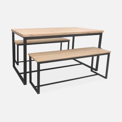 Set LOFT table rectangulaire en acier noir L140x l80 x H75cm. 2 bancs de L120x l35x H46cm. 4 places