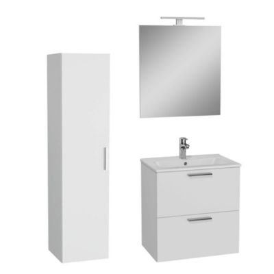 Set Mia ensemble meuble 59x61x39,5cm avec miroir, lavabo, éclairage LED + armoire 145x35x35cm, Blanc brillant