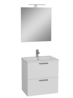 Set Mia ensemble meuble 79x61x39,5 cm  avec miroir, lavabo, éclairage LED + armoire 145x35x35cm, Blanc brillant