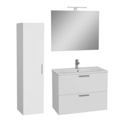 Set Mia ensemble meuble 79x61x39,5 cm  avec miroir, lavabo, éclairage LED + armoire 145x35x35cm, Blanc brillant
