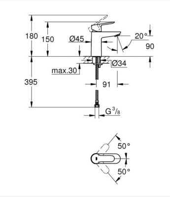 Set Mitigeur pour lavabo taille S + Bonde clic clac Grohe pour lavabo avec trop-plein (MitigeurS1-CLICCLAC)