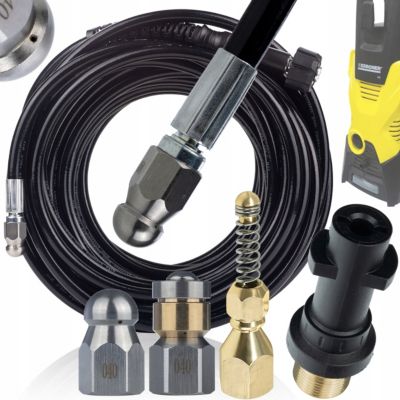 Set Nettoyage Canalisation 20m - Tuyau M22, Adaptateur Baïonnette, 3 Buses INOX Laiton, Compatible Kärcher K2-K7