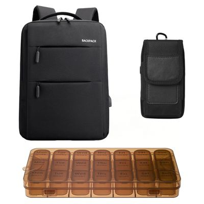Set quotidien 3 en 1 - sac à dos noir, pochette téléphone RFID et pilulier transparent, pratique et multifonction