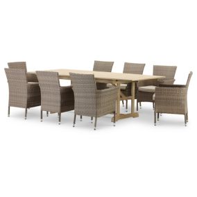 Set repas de jardin 8 pl table extensible en bois 180/240x100 et chaises empilables rotin synthétique  - Java Light & Bolonia