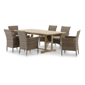 Set repas de jardin table extensible en bois 150/210x90 + chaises empilables rotin synthétique - Java Light & Bolonia