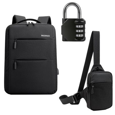 Set sac à dos + sac bandoulière noir avec cadenas, imperméable, multi-compartiments, pour travail, école et voyage