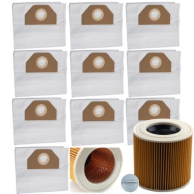 Set Sacs de Rechange et Filtre Renforcé - Compatible avec Aspirateur Kärcher WD3 WD2, 10 Sacs, Filtration Améliorée