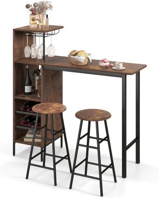Set Table à manger 2 Chaise Ensemble 3 Pièce Etagère à Vin à 2 Niveaux Etagère de Stockage Ouverte