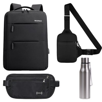 Set voyage 4 en 1 - sac à dos, sac bandoulière, sac banane RFID et gourde inox, imperméable et multifonction, noir