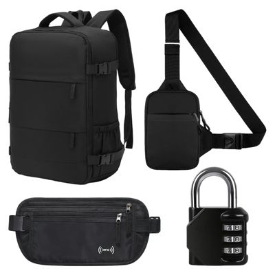 Set voyage antivol 4 en 1 - sac à dos, sac bandoulière, sac banane RFID et cadenas, noir, sécurisé et pratiqu