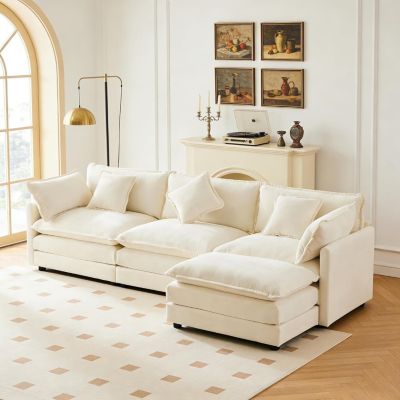 Seyakany canapé 3 places avec repose-pieds,canapé d'angle en L avec coussins,canapé d'angle modulaire en L,tissu chenille,Beige