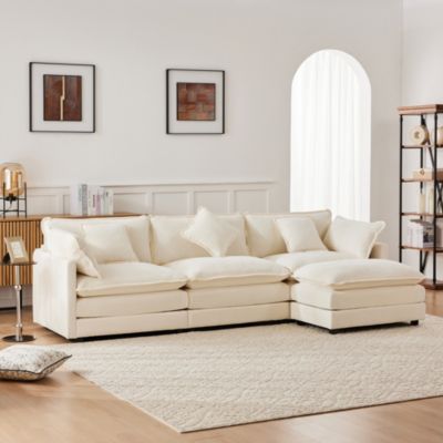 Seyakany canapé 3 places avec repose-pieds,canapé d'angle en L avec coussins,canapé d'angle modulaire en L,tissu chenille,Beige