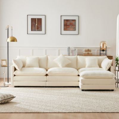 Seyakany canapé 3 places avec repose-pieds,canapé d'angle en L avec coussins,canapé d'angle modulaire en L,tissu chenille,Beige