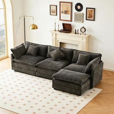 Seyakany canapé 3 places avec repose-pieds,canapé d'angle en L avec coussins,canapé d'angle modulaire en L,tissu chenille,Gris