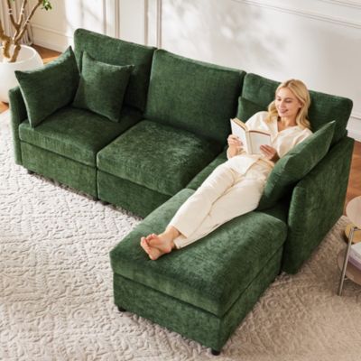 Seyakany Canapé d'angle en L,canapé modulable en 3 places,canapé convertible avec tabouret mobile et 4 coussins,chenille,vert