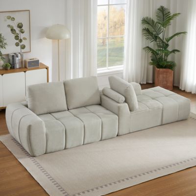 Seyakany Canapé modulaire 4 place,Canapé d'angle en droite L avec coussins amovibles,canapés de compression,velours côtelé,Beige