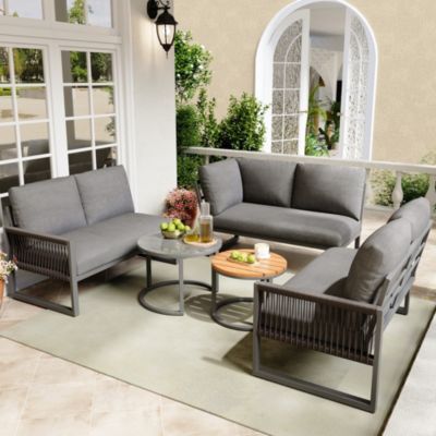 Seyakany Ensemble de salon de jardin pour 6-7 personnes,canapé d'angle extérieur+table basse,fer galvanisé,pieds réglables,Gris