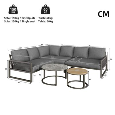 Seyakany Ensemble de salon de jardin pour 6-7 personnes,canapé d'angle extérieur+table basse,fer galvanisé,pieds réglables,Gris