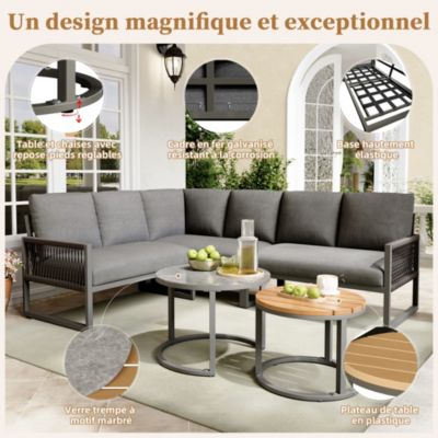 Seyakany Ensemble de salon de jardin pour 6-7 personnes,canapé d'angle extérieur+table basse,fer galvanisé,pieds réglables,Gris