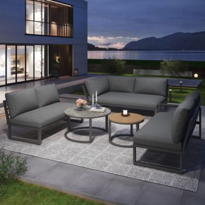 Seyakany Ensemble de salon de jardin pour 6-7 personnes,canapé d'angle extérieur+table basse,fer galvanisé,pieds réglables,Gris