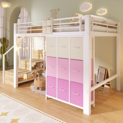 Seyakany Lit mezzanine 140x200cm avec tiroirs,penderie,rambarde,métal Lit superposé avec escalier rangements,sans matelas,Blanc