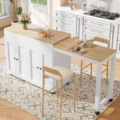 Seyakany Table de bar extensible 117-180x50x94,6 cm,table à manger extensible avec 6 étagères,table de bar,îlot de cuisine(Blanc)
