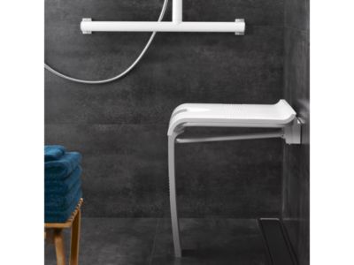 Siège de douche ARSIS escamotable avec béquille automatique - Assise blanche et piètement époxy blanc