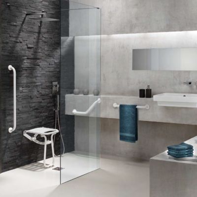 Siège de douche PMR escamotable et barre de maintien coudée PMR PELLET Essentiel confort 135 degré