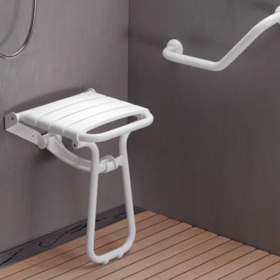 Siège de douche PMR escamotable et barre de maintien coudée PMR PELLET Essentiel confort 135 degré
