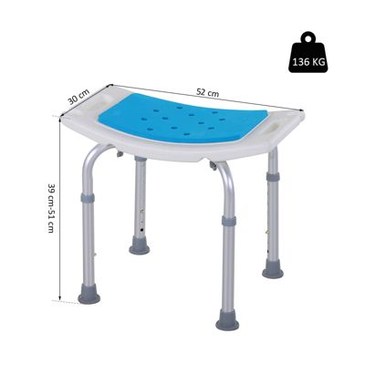 Siège de douche réglable en hauteur tabouret de douche ergonomique pieds antidérapants charge max. 135 Kg alu HDPE blanc bleu