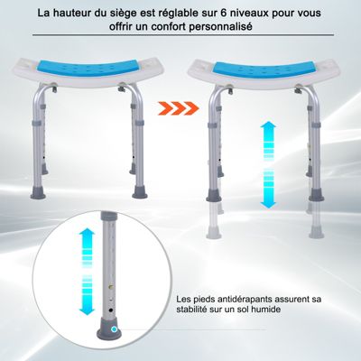Siège de douche réglable en hauteur tabouret de douche ergonomique pieds antidérapants charge max. 135 Kg alu HDPE blanc bleu