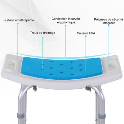 Siège de douche réglable en hauteur tabouret de douche ergonomique pieds antidérapants charge max. 135 Kg alu HDPE blanc bleu