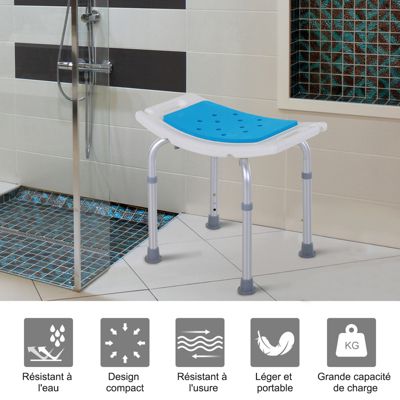 Siège de douche réglable en hauteur tabouret de douche ergonomique pieds antidérapants charge max. 135 Kg alu HDPE blanc bleu