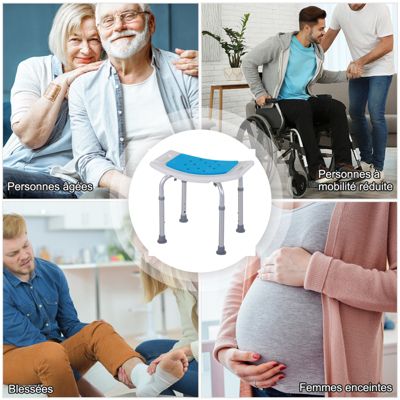 Siège de douche réglable en hauteur tabouret de douche ergonomique pieds antidérapants charge max. 135 Kg alu HDPE blanc bleu