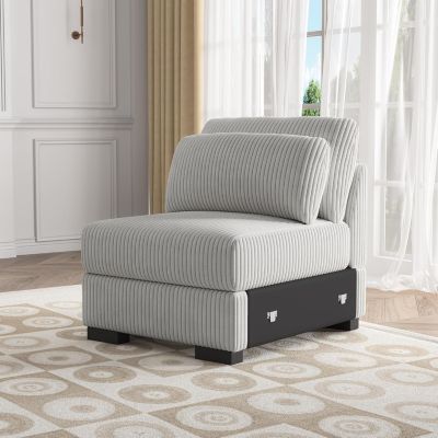Siège modulaire 1 place gris en velours côtelé, sans accoudoirs avec coussin, pour salon