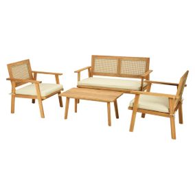 Siboney - salon bas de jardin 4 places - bois, cannage et coussins beiges - Best Mobilier