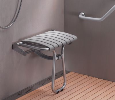 Siège de douche large et pliable, aluminium avec lattes grises, l.58,5 x H.50 x P.36 cm, Godonnier