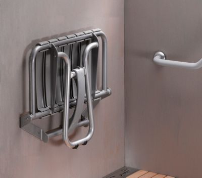 Siège de douche large et pliable, aluminium avec lattes grises, l.58,5 x H.50 x P.36 cm, Godonnier