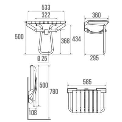 Siège de douche large et pliable, aluminium avec lattes grises, l.58,5 x H.50 x P.36 cm, Godonnier