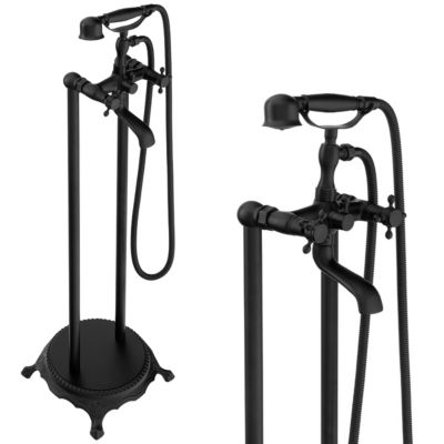 Silla élégant Robinet de Baignoire retro sur pied avec inverseur et bec rotatif avec douchette et flexible, Noir