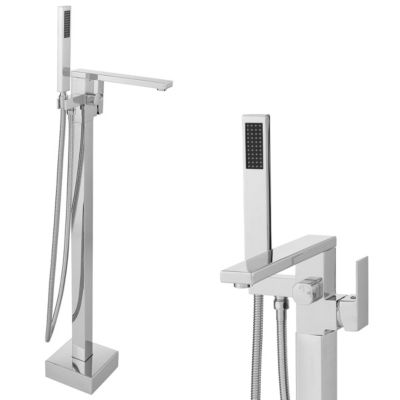 Silla élégant Robinet de Baignoire sur pied avec inverseur et bec rotatif avec douchette et flexible, Chrome