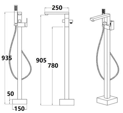 Silla élégant Robinet de Baignoire sur pied avec inverseur et bec rotatif avec douchette et flexible, Chrome