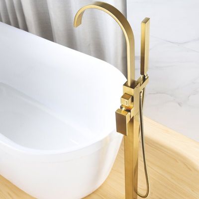Silla élégant Robinet de Baignoire sur pied avec inverseur et bec rotatif avec douchette et flexible, Doré